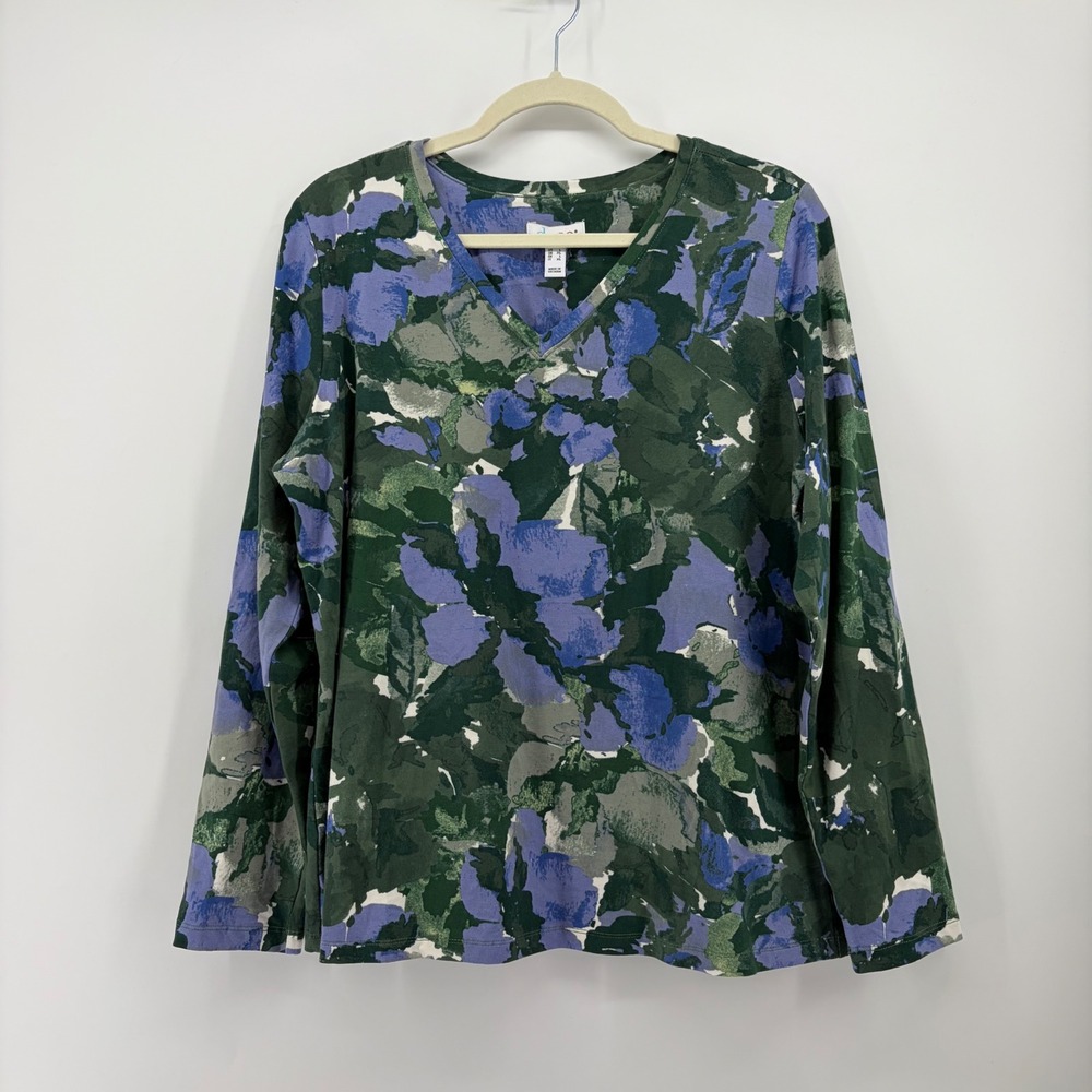 Denim & Co Womens Large Green Floral V-Neck Long Sleeve Stretch Jersey Top
